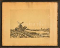 Zádor István (1882-1963): Jászsági szélmalmok. Rézkarc, papír, jelzett, üvegezett keretben, 24×33 cm