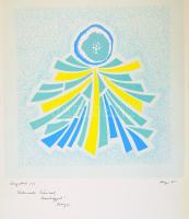 Hegyi György (1922-2001): Üvegablak. Szitanyomat, papír, jelzett, üdvözlő sorokkal, 41×53 cm
