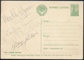 1955 4 színész Honthy Hanna, Zentai Anna, Németh Marianna, Rátonyi Róbert aláírása képeslapon moszkvai vendégszereplésről