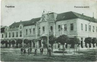 1918 Tapolca, Hotel Pannonia szálloda, Szentháromság szobor, üzletek. Löwy B. kiadása (EK)
