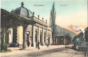 ~1908 Herkulesfürdő, Baile Herculane; vasútállomás, pályaudvar, gőzmozdony / railway station, locomotive (non PC) (cut)