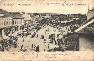 1905 Szászrégen, Reghin; Hetivásár, Wischinger és Eduard Rösler üzlete / Wochenmarkt / market, shops (ázott sarkak / wet corners)