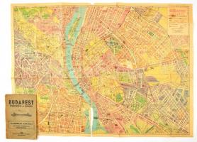 1938 Budapest útmutatója és térképével, villamos és autóbusz kisszakasz határok jelzésével. Bp., Aczél Testvérek, a füzet borítója szakadt, a térkép hajtás mentén szakadt, 39 p., térkép: 50x70 cm.