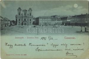 1898 Temesvár, Timisoara; Losonczy tér, templom, este / square and church at night