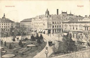 1908 Szeged, Széchenyi tér, lóvasút, Engelsmann Ádám üzlete. Grünwald Hermann kiadása