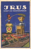 Irus Schrot- und Backmehlmühlen. Grösste Specielfabrik für Steinschrotmühlen 60 Jahre Mühlenbau / German Stone grist mills advertisement, litho (EK)