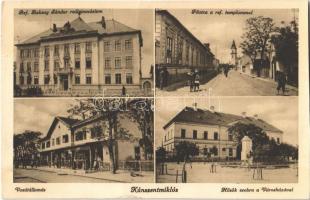 1938 Kunszentmiklós, Református Baksay Sándor reálgimnázium, Főutca a református templommal, vasútállomás, Hősök szobra a városházával. Aigner Lajos kiadása