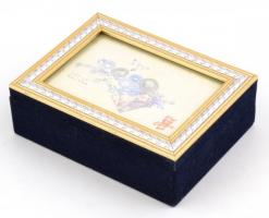 Zenélő doboz, kék plüss béléssel, cserélhető fotóval a tetején, 11×15×5 cm