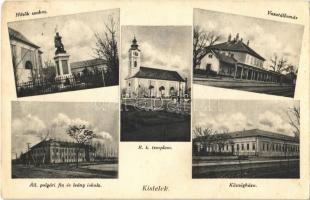 1940 Kistelek, Hősök szobra, vasútállomás, római katolikus templom, áll. polgári fiú- és leányiskola, községháza (Rb)