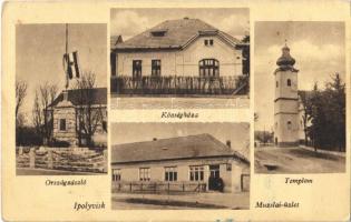 Ipolyvisk, Hontvisk, Vyskovce nad Iplom; Községháza, Országzászló, templom, Muzslai üzlete és saját kiadása / town hall, Hungarian flag, church, shop