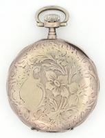 Ezüst zsebóra, szép számlappal, működő állapotban, jelzett d:5 cm