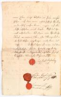 1780 Mödlingben kiállított német nyelvű okirat több címeres viaszpecséttel és hradyi kihirdetési zár...