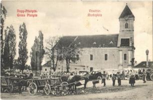 1913 Pöstyén, Nagy-Pöstyén, Piestany; Vásártér, templom, piac, szekerek. Lampl Gyula kiadása / market, church, carts