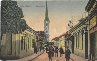 Érsekújvár, Nové Zámky; Fő utca, templom, Mayer János üzlete / main street, shop, church (fl)