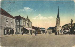 Érsekújvár, Nové Zámky; Kossuth Lajos tér, templom, Leuchter Izidor üzlete. 28. sz. 1916. Vasúti levelezőlapárusítás / square, shop, church (EK)