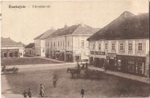 1918 Érsekújvár, Nové Zámky; Városház tér, Schulcz Ignácz, Cukorka, Bartlik Károly és Freund Miksa üzlete. 188. Vasúti Levelezőlapárusítás / square, shops