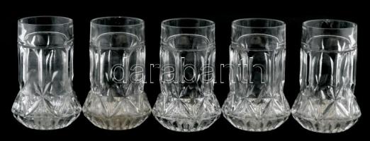 Formába öntött üveg poharak, 5 db, kis kopásnyomokkal, m: 12,5 cm