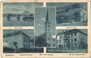 1942 Érsekújvár, Nové Zámky; Nyitra folyó, Levente otthon, Leánynevelő intézet, M. kir. dohánybeváltó, Római katolikus templom / Nitra, schools, tobacco factory, church (Rb)