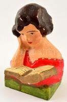 Olvasó lány, festett gipsz szobor, lepattanásokkal, alján feliratozva 18 cm