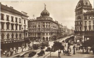 Budapest VIII. Rákóczi út és Erzsébet körút (Blaha Lujza tér), Emke kávéház, Pesti Hazai Első Takaré...