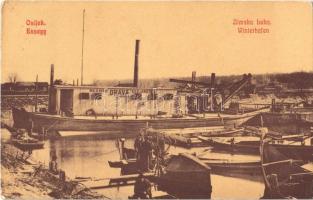 1916 Eszék, Essegg, Osijek; Zimska Luka / Winterhafen / Téli kikötő, MKÁ kotróhajó, uszályok. W. L. (?) 631. / winter port, harbor, dredge, barges (EK)