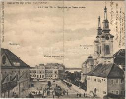 Karlóca, Karlowitz, Sremski Karlovci; Hauptplatz / Fő tér, Szerb Nemzeti Ház, bírósági hivatal. Kihajtható panorámalap / main square, Serbian National House, courts. folding panoramacard (fl)