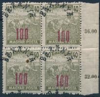 Baranya II. 1919 Magyar Posta 100/40f négyestömb elcsúszott felülnyomással, Bodor vizsgálójellel