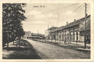 1927 Aszód, Fő út, Aszódi Hitelbank és Takarékpénztár, dohányáruda, M. Samu üzlete. Töpfer Béla kiadása (EK)