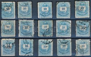 1874 15 db Színesszámú 10kr bélyeg: változatok, színárnyalatok