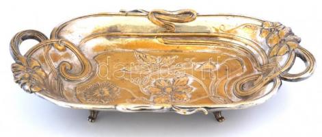 Szecessziós ezüstözött alpakka füles kínáló, jelzés nélkül, kopott, 37×21,5 cm