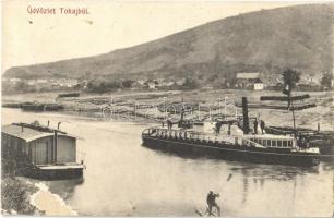 1913 Tokaj, kikötő hajó, kéttalpú ülőszékes kajak, fakitermelés (EB)
