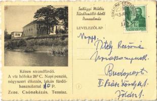 1943 Dunaalmás, Kénes strandfürdő. Szilágyi Miklós fürdőszálló-bérlő levele, válasz egy szobafoglalási kérelemre + KOMÁROM - ESZTERGOM 178 vasúti mozgóposta bélyegző (EK)