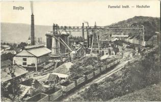 Resica, Resita; nagyolvasztók a vasgyárban, iparvasút / Hochöfen / smelters in the iron works, factory view, industrial railway