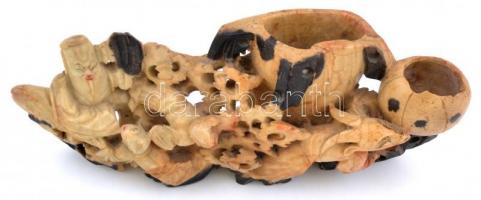 Zsírkő távol-keleti asztali díszfaragvány, sérüléssel, 29×11×7 cm