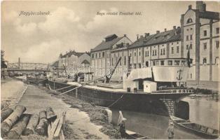 Nagybecskerek, Zrenjanin, Veliki Beckerek; Bega részlet, Erzsébet híd, Ernő uszály. Almásy és Szepessy kiadása / riverside, port, barge, bridge