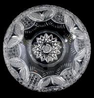 Ólomkristály üveg tál, metszett, apró hibákkal, d: 14 cm, m: 9 cm