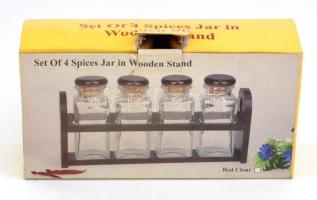 Fűszertartó üvegek, 4 db, fa kupakkal, fa tartóval, eredeti dobozában, m: 11,5 cm, h: 24 cm