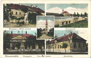 1942 Kunszentmiklós, Községháza, Hősök szobra, emlékmű, Versenyuszoda, Országzászló, Takarékpénztár, Járásbíróság, Római katolikus templom (Rb)