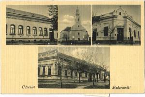 1944 Madaras, utcaképek, templom, Hangya Szövetkezet üzlete és saját kiadása + portó