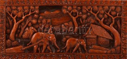 Indiai faragott fa fali kép, jó állapotban, 30×63 cm
