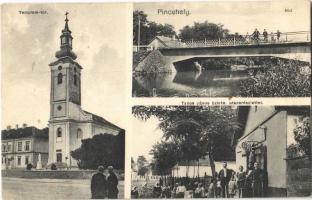 1916 Pincehely, Templom tér, híd, Tanos János üzlete