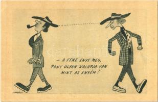 A fene egye meg, pont olyan kalapja van mint az enyém! Képzőművészeti Alap 380. / Hungarian art postcard, fashion humour s: Kaján Tibor