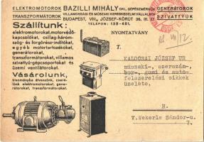 Bazilli Mihály Elektromotorok. Okl. gépészmérnök villamossági és műszaki kereskedelmi vállalata. Bud...