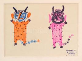 Ország Lili (1926-1978): Ördögöcskék. Színes filctoll, papír,  hagyatéki bélyegzővel, eredetiséget igazoló írással (Vasilescu-gyűjtemény) 19×27 cm