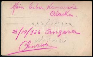 cca 1926 Keleti ruhás férfiak fotója, (postások?), fotólap, a hátoldalán feliratozva, 13x8