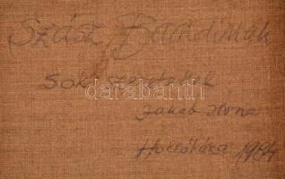 Jakab Ilona (1929-1990):  Asztali csendélet. Olaj, vászon, jelzett, hátoldalán: "Szász Bandinak...