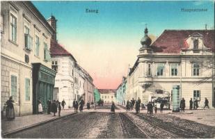 1913 Eszék, Essegg, Osijek; Hauptstrasse / Fő utca, üzletek / main street, shops + BROD - SZEGED 29 vasúti mozgóposta bélyegző (EK)