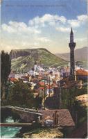 1917 Mostar, Blick auf den linken Narenta-Stadtteil / general view, mosque + K.u.K. Milit. Post Mostar 1