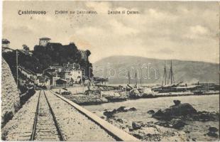 1915 Herceg Novi, Castelnuovo; Einfahrt zur Bahnstation, Bocche di Cattaro / Bay of Kotor, road to the railway station + K.u.K. Festungsartillerieregiment Freiherr von Rouvroy Nr. 5. Feldkompagnie Nr. 3. (EK)