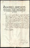 1824 Egyházi okirat Kopácsy József (1775-1847) székesfehérvári püspök fejléces papírján, Simonyi Pál (1764-1835) vikárius, székesfehérvári nagyprépost, és egy másik azonosítatlan személy aláírásával, szárazpecséttel, szakadással.
